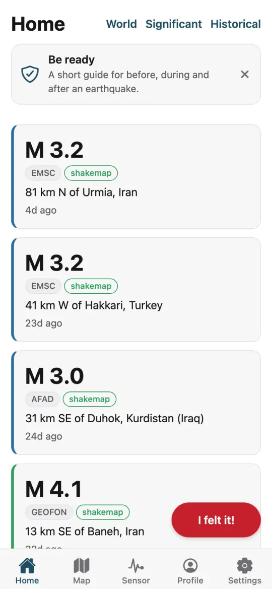 The app's Home screen: recent earthquakes near Kurdistan, each with magnitude, place and time.